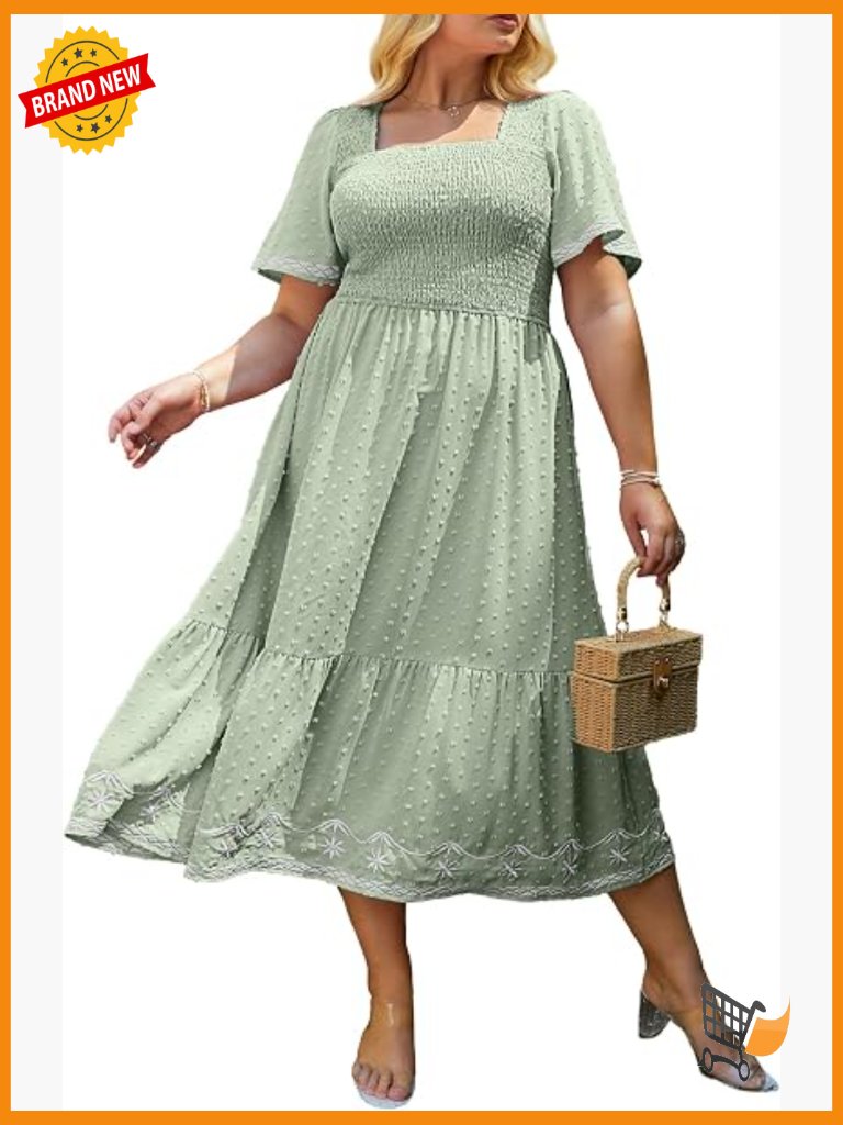 Plus Size Smocked Square Neck Midi Dress Short Sleeve Flowy